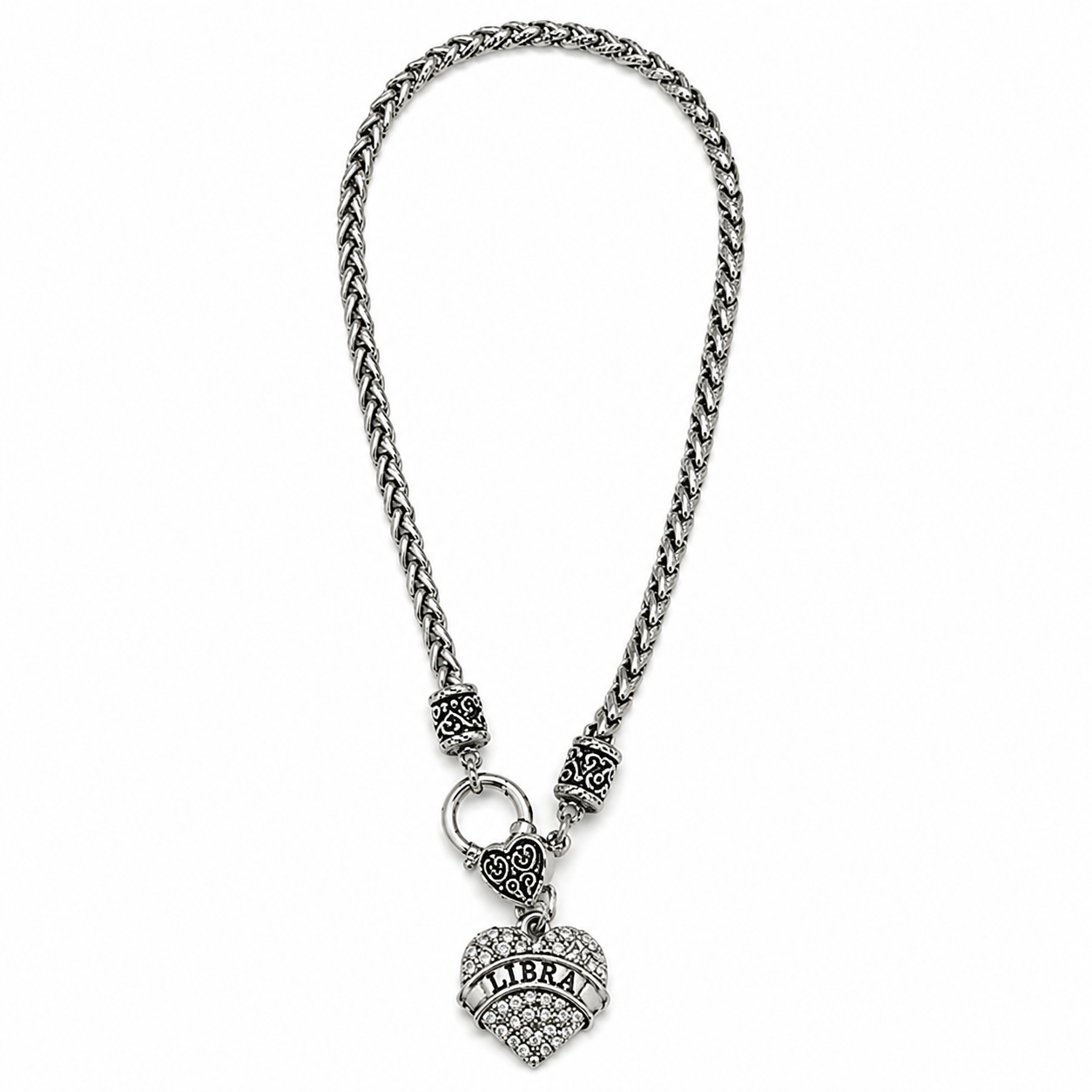 Zodiac Rhinestone Heart Pendant Necklace – Silver-Tone Chunky Chain