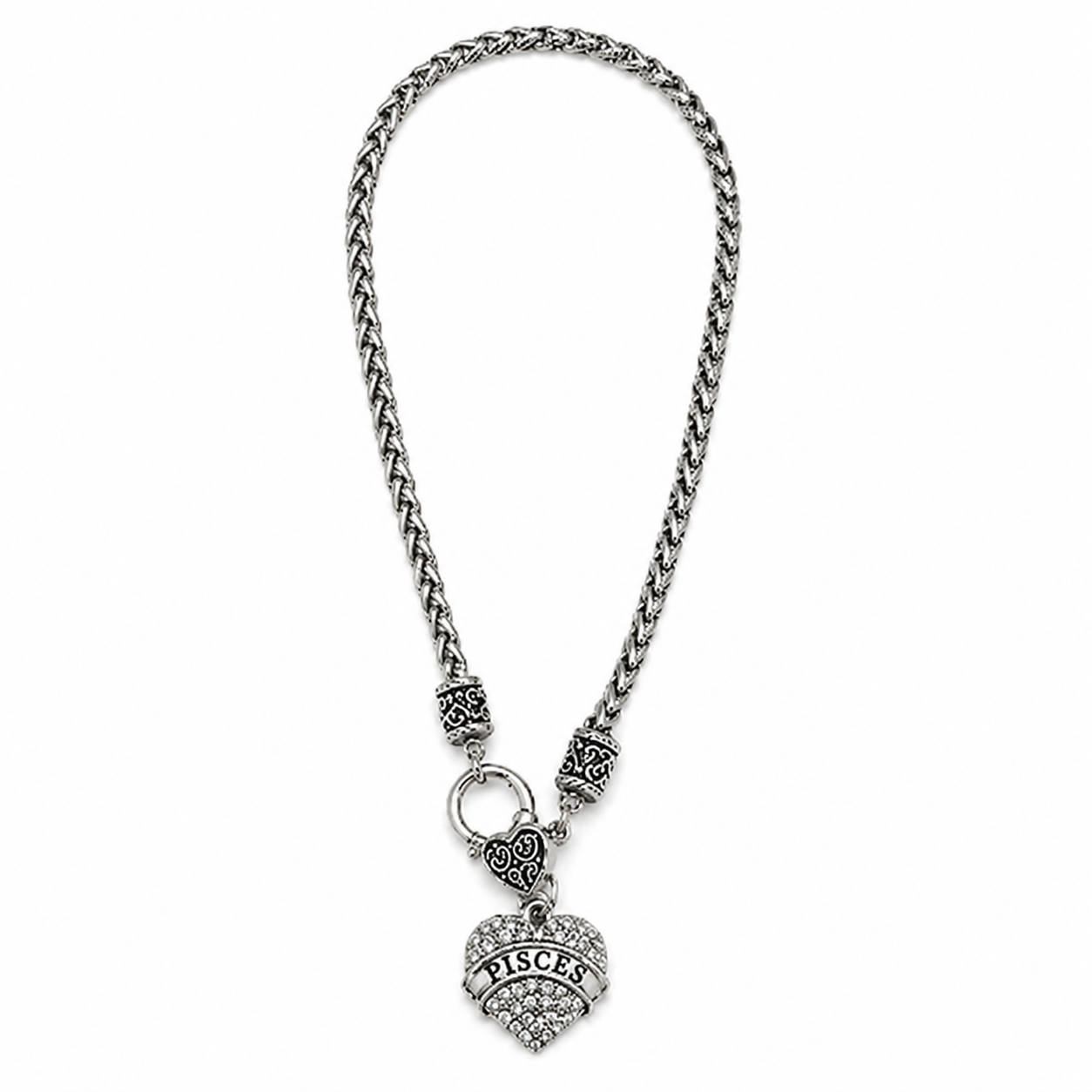 Zodiac Rhinestone Heart Pendant Necklace – Silver-Tone Chunky Chain