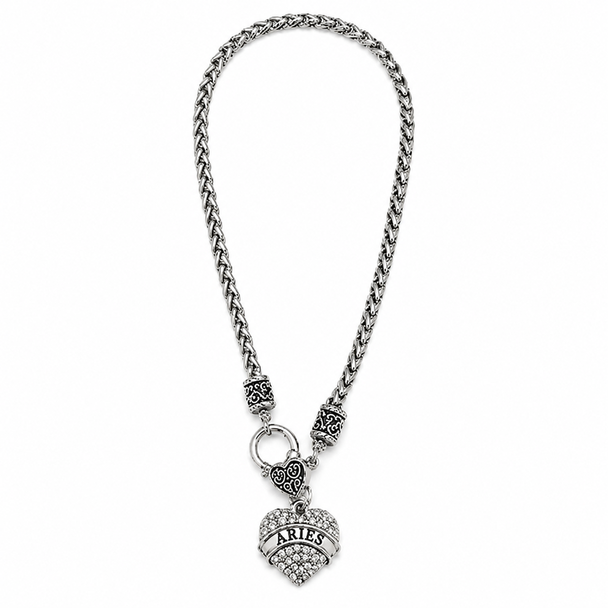 Zodiac Rhinestone Heart Pendant Necklace – Silver-Tone Chunky Chain
