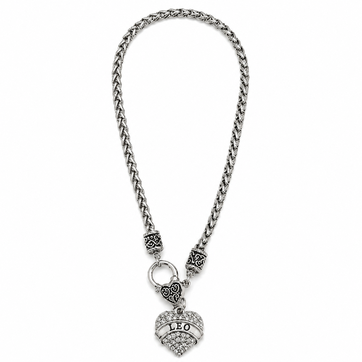 Zodiac Rhinestone Heart Pendant Necklace – Silver-Tone Chunky Chain