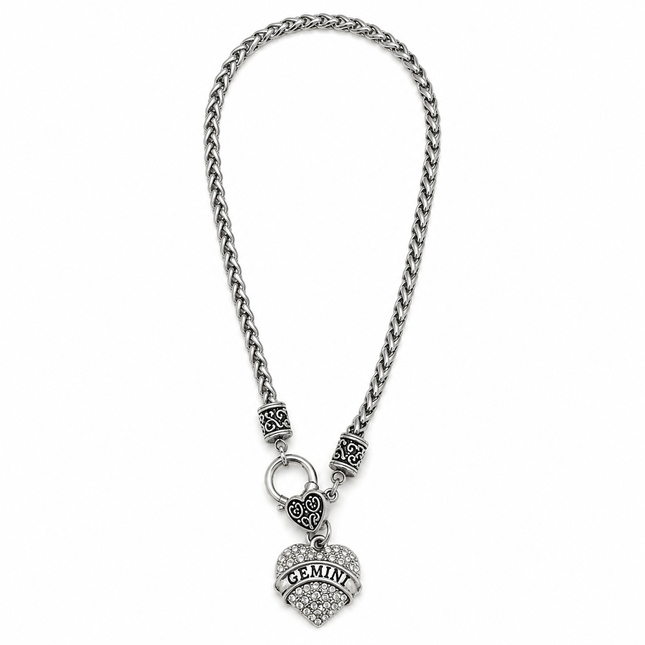 Zodiac Rhinestone Heart Pendant Necklace – Silver-Tone Chunky Chain