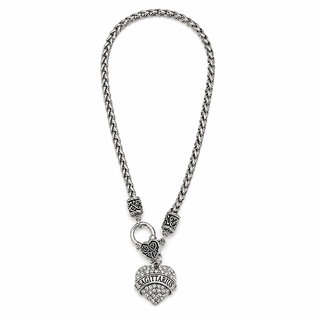 Zodiac Rhinestone Heart Pendant Necklace – Silver-Tone Chunky Chain
